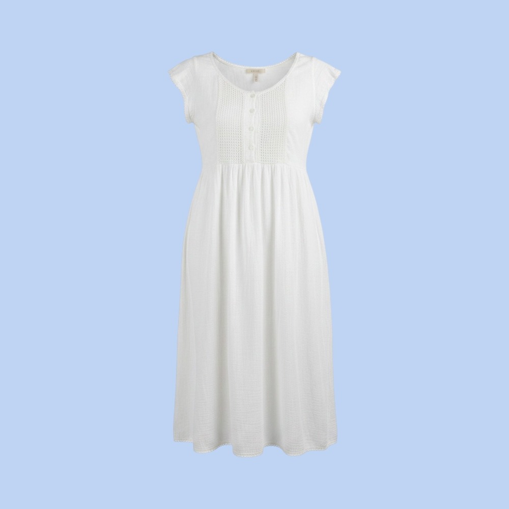VTG Womens Babydoll Dress Sheer White Gauze Crochet Lace Cottage Romantic L  XL